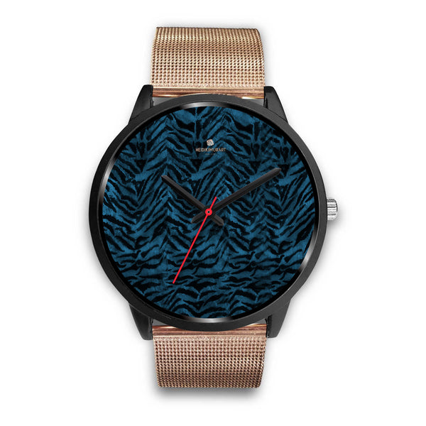 Blue Custom Tiger Stripe Faur Fur Animal Print Stainless Steel Black Leather Wrist Watch-Black Watch-Mens 40mm-Rose Gold Metal Mesh-Heidi Kimura Art LLC