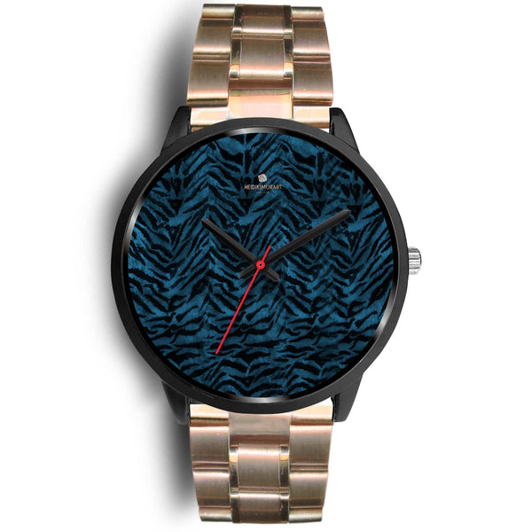 Blue Custom Tiger Stripe Faur Fur Animal Print Stainless Steel Black Leather Wrist Watch-Black Watch-Mens 40mm-Rose Gold Metal Link-Heidi Kimura Art LLC