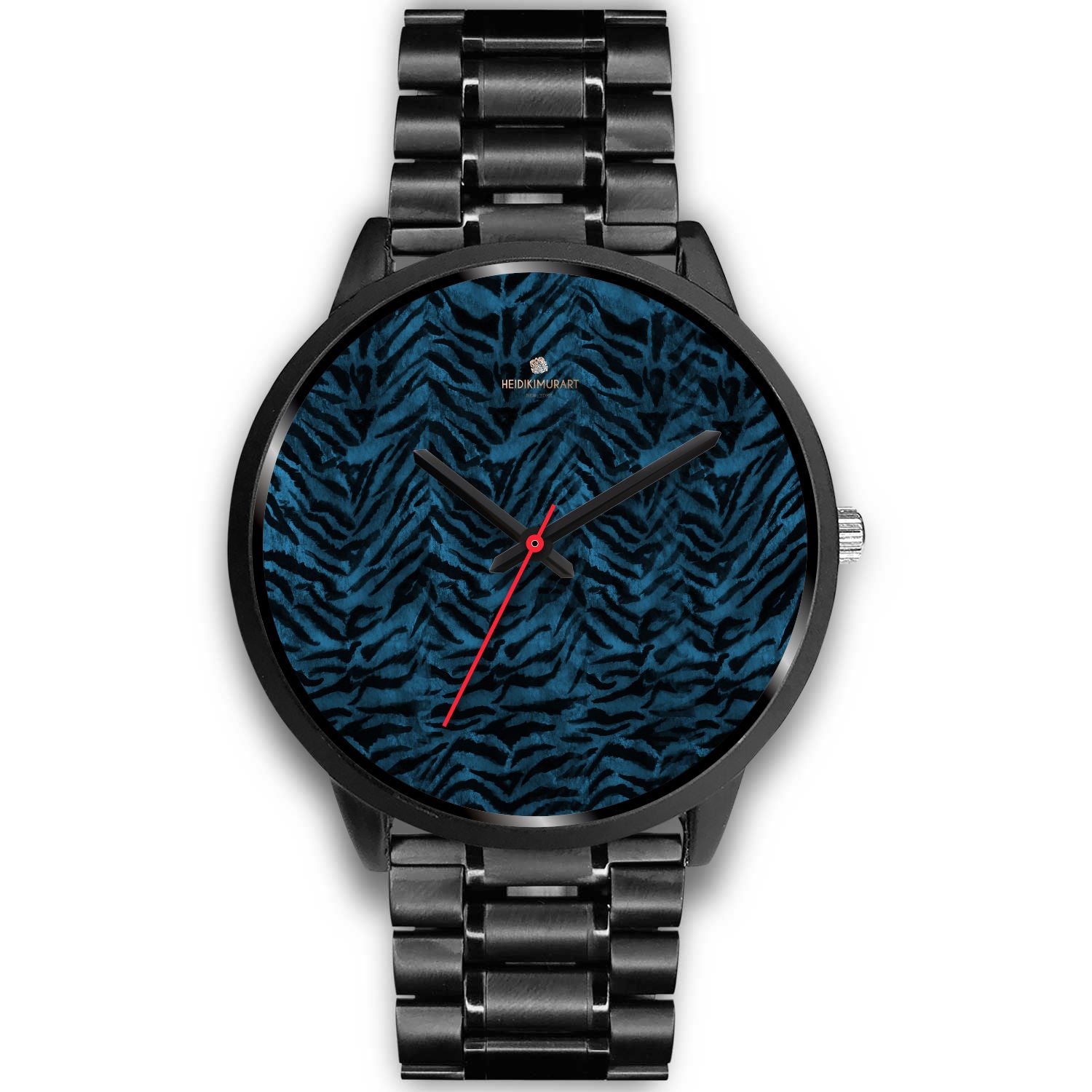 Blue Custom Tiger Stripe Faur Fur Animal Print Stainless Steel Black Leather Wrist Watch-Black Watch-Mens 40mm-Black Metal Link-Heidi Kimura Art LLC
