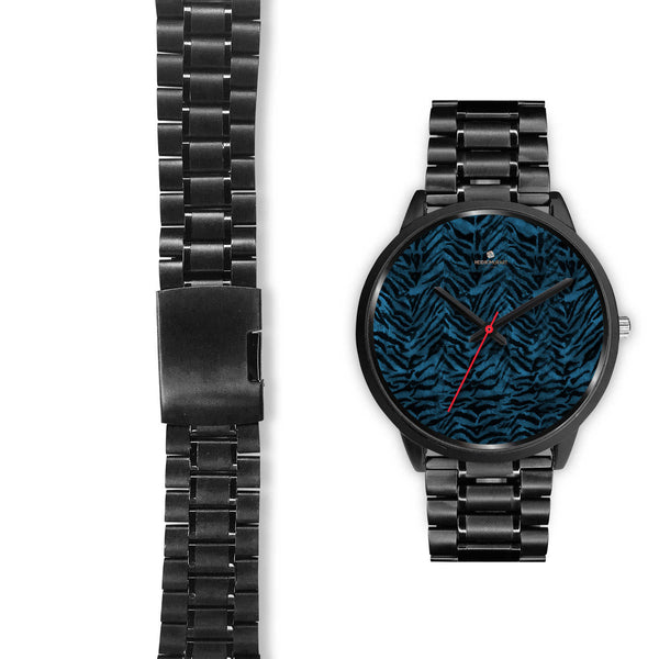Blue Custom Tiger Stripe Faur Fur Animal Print Stainless Steel Black Leather Wrist Watch-Black Watch-Heidi Kimura Art LLC