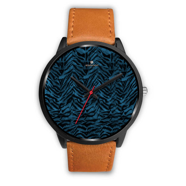 Blue Custom Tiger Stripe Faur Fur Animal Print Stainless Steel Black Leather Wrist Watch-Black Watch-Mens 40mm-Brown Leather-Heidi Kimura Art LLC