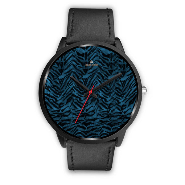 Blue Custom Tiger Stripe Faur Fur Animal Print Stainless Steel Black Leather Wrist Watch-Black Watch-Mens 40mm-Black Leather-Heidi Kimura Art LLC