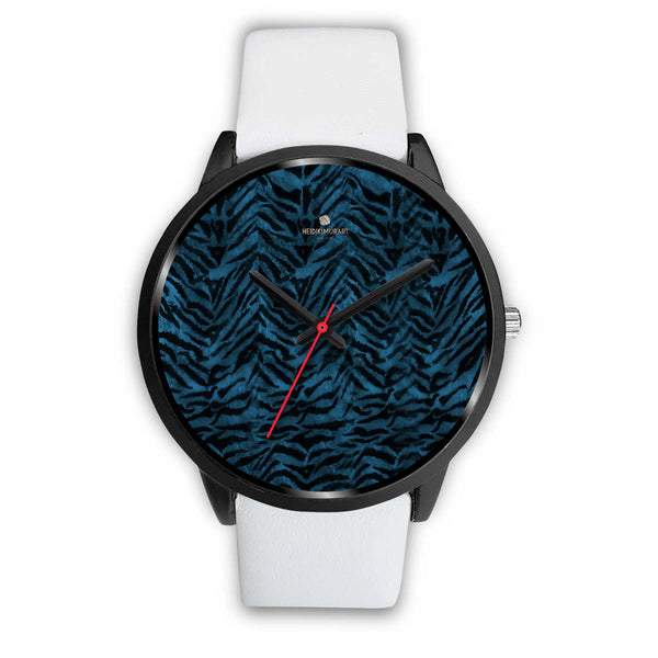 Blue Custom Tiger Stripe Faur Fur Animal Print Stainless Steel Black Leather Wrist Watch-Black Watch-Mens 40mm-White Leather-Heidi Kimura Art LLC