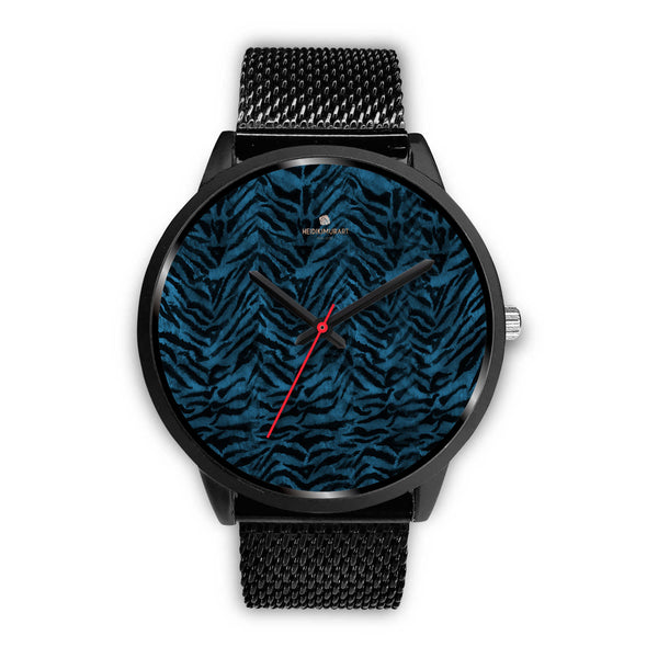 Blue Custom Tiger Stripe Faur Fur Animal Print Stainless Steel Black Leather Wrist Watch-Black Watch-Mens 40mm-Black Metal Mesh-Heidi Kimura Art LLC