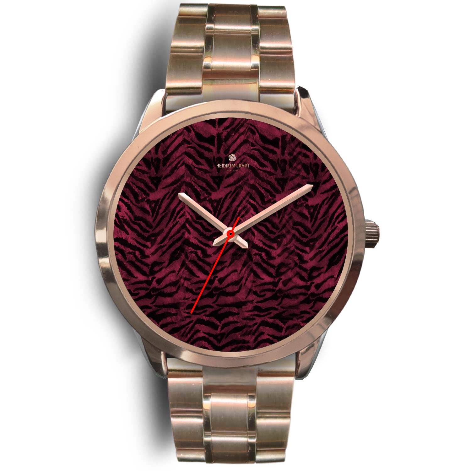 Glamorous Pink Girl Tiger Striped Animal Print Designer Rose Gold Accent Watch-Rose Gold Watch-Mens 40mm-Rose Gold Metal Link-Heidi Kimura Art LLC