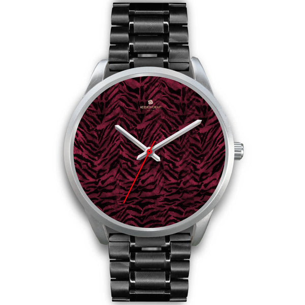 Pink Tiger Striped Unisex Premium Silver Genuine Leather/ Stainless Steel Watch-Silver Watch-Mens 40mm-Black Metal Link-Heidi Kimura Art LLC
