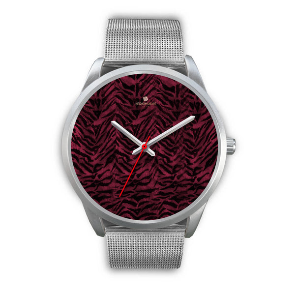 Pink Tiger Striped Unisex Premium Silver Genuine Leather/ Stainless Steel Watch-Silver Watch-Mens 40mm-Silver Metal Mesh-Heidi Kimura Art LLC