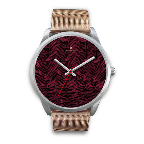 Pink Tiger Striped Unisex Premium Silver Genuine Leather/ Stainless Steel Watch-Silver Watch-Mens 40mm-Rose Gold Metal Mesh-Heidi Kimura Art LLC
