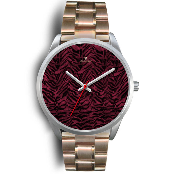 Pink Tiger Striped Unisex Premium Silver Genuine Leather/ Stainless Steel Watch-Silver Watch-Mens 40mm-Rose Gold Metal Link-Heidi Kimura Art LLC