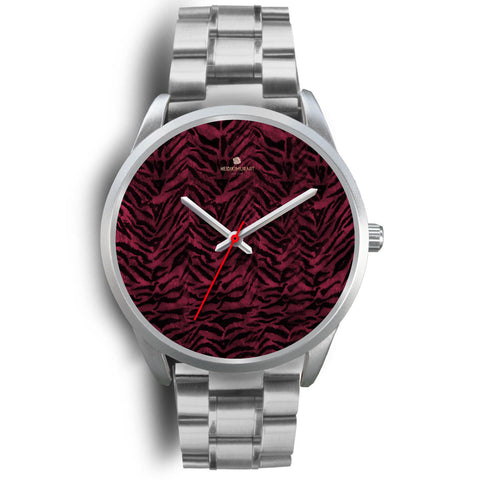 Pink Tiger Striped Unisex Premium Silver Genuine Leather/ Stainless Steel Watch-Silver Watch-Mens 40mm-Silver Metal Link-Heidi Kimura Art LLC