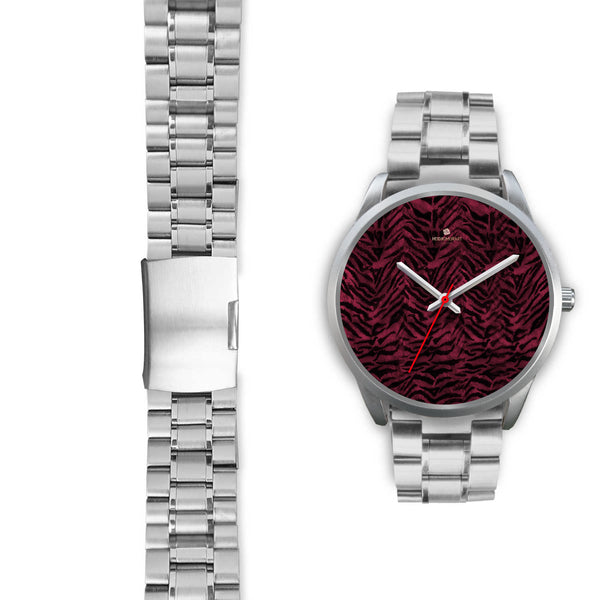 Pink Tiger Striped Unisex Premium Silver Genuine Leather/ Stainless Steel Watch-Silver Watch-Heidi Kimura Art LLC