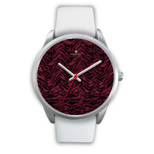 Pink Tiger Striped Unisex Premium Silver Genuine Leather/ Stainless Steel Watch-Silver Watch-Mens 40mm-White Leather-Heidi Kimura Art LLC