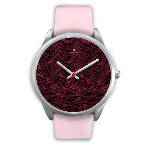 Pink Tiger Striped Unisex Premium Silver Genuine Leather/ Stainless Steel Watch-Silver Watch-Mens 40mm-Pink Leather-Heidi Kimura Art LLC
