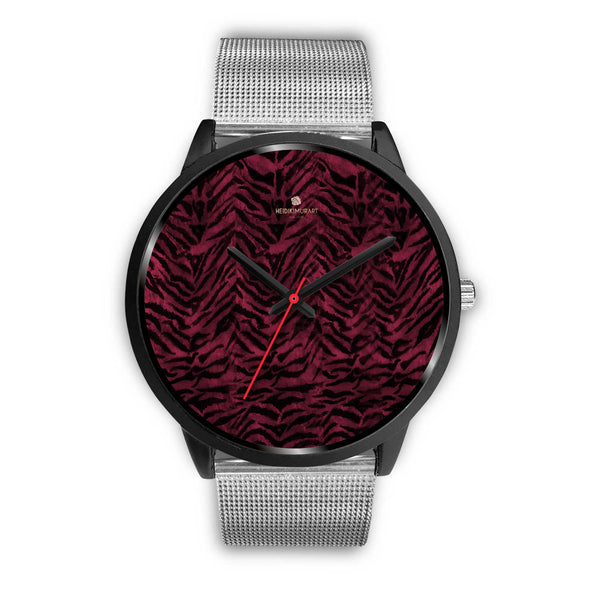 Dark Pink Unisex Boss Custom Tiger Striped Faux Fur Pink Stylish Designer Watch-Black Watch-Mens 40mm-Silver Metal Mesh-Heidi Kimura Art LLC