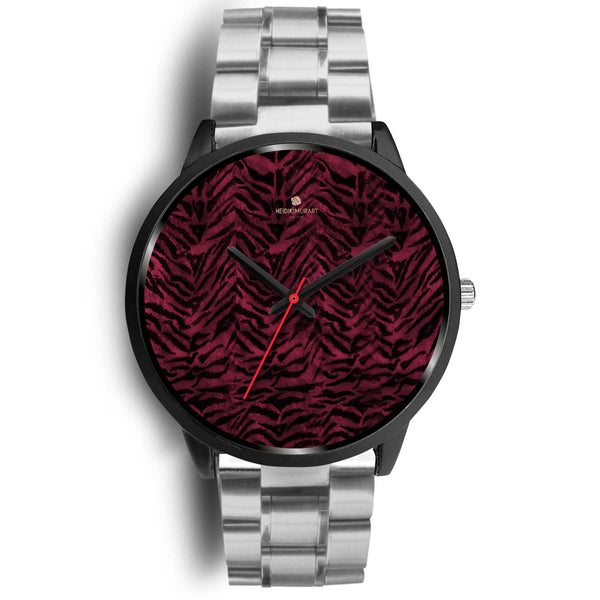 Dark Pink Unisex Boss Custom Tiger Striped Faux Fur Pink Stylish Designer Watch-Black Watch-Mens 40mm-Silver Metal Link-Heidi Kimura Art LLC