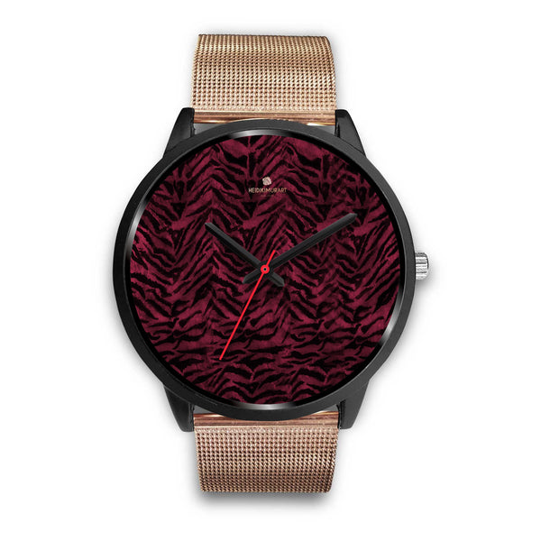 Dark Pink Unisex Boss Custom Tiger Striped Faux Fur Pink Stylish Designer Watch-Black Watch-Mens 40mm-Rose Gold Metal Mesh-Heidi Kimura Art LLC