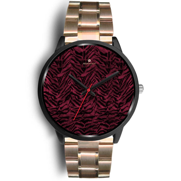 Dark Pink Unisex Boss Custom Tiger Striped Faux Fur Pink Stylish Designer Watch-Black Watch-Mens 40mm-Rose Gold Metal Link-Heidi Kimura Art LLC