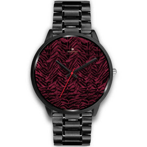 Dark Pink Unisex Boss Custom Tiger Striped Faux Fur Pink Stylish Designer Watch-Black Watch-Mens 40mm-Black Metal Link-Heidi Kimura Art LLC