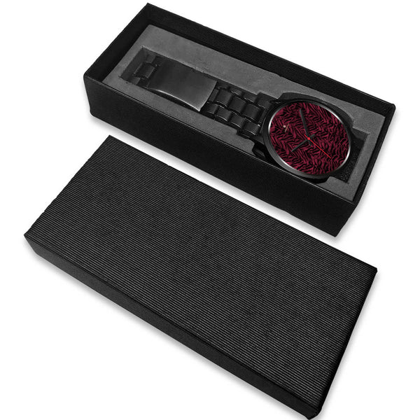Dark Pink Unisex Boss Custom Tiger Striped Faux Fur Pink Stylish Designer Watch-Black Watch-Heidi Kimura Art LLC