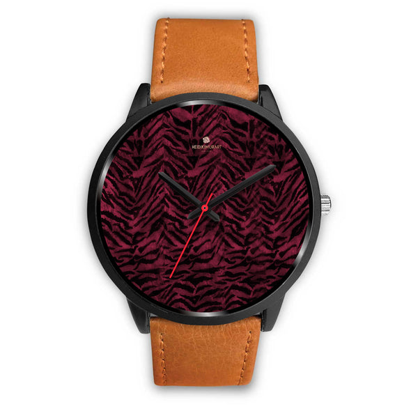 Dark Pink Unisex Boss Custom Tiger Striped Faux Fur Pink Stylish Designer Watch-Black Watch-Mens 40mm-Brown Leather-Heidi Kimura Art LLC