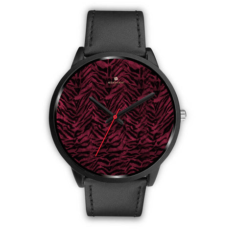 Dark Pink Unisex Boss Custom Tiger Striped Faux Fur Pink Stylish Designer Watch-Black Watch-Mens 40mm-Black Leather-Heidi Kimura Art LLC