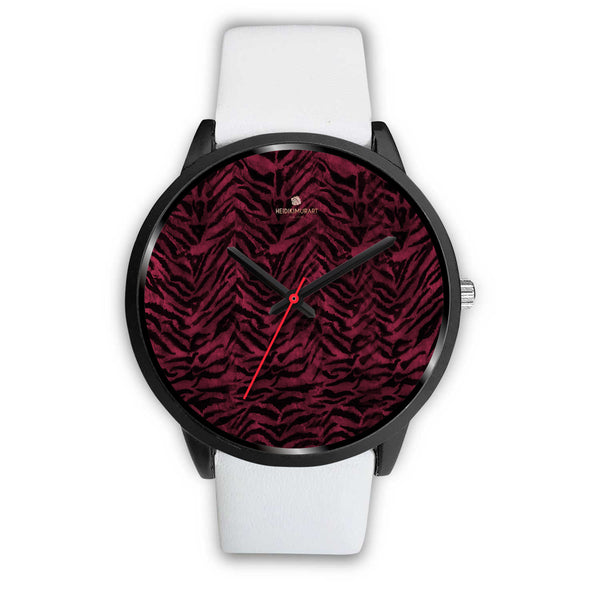 Dark Pink Unisex Boss Custom Tiger Striped Faux Fur Pink Stylish Designer Watch-Black Watch-Mens 40mm-White Leather-Heidi Kimura Art LLC