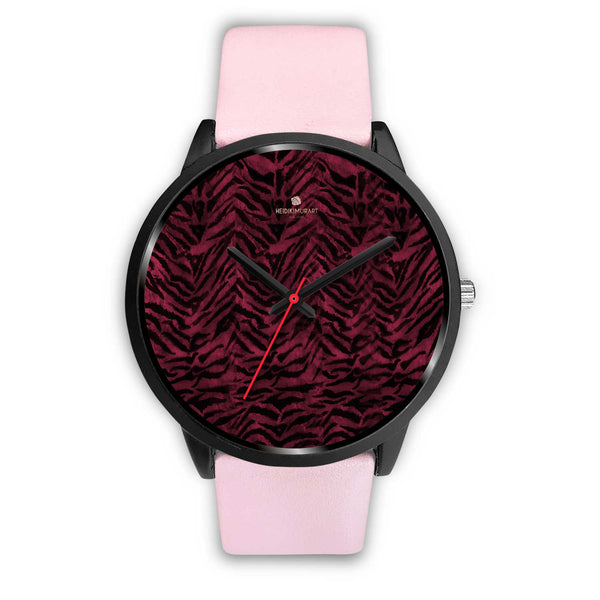 Dark Pink Unisex Boss Custom Tiger Striped Faux Fur Pink Stylish Designer Watch-Black Watch-Mens 40mm-Pink Leather-Heidi Kimura Art LLC