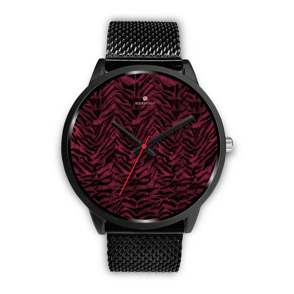 Dark Pink Unisex Boss Custom Tiger Striped Faux Fur Pink Stylish Designer Watch-Black Watch-Mens 40mm-Black Metal Mesh-Heidi Kimura Art LLC