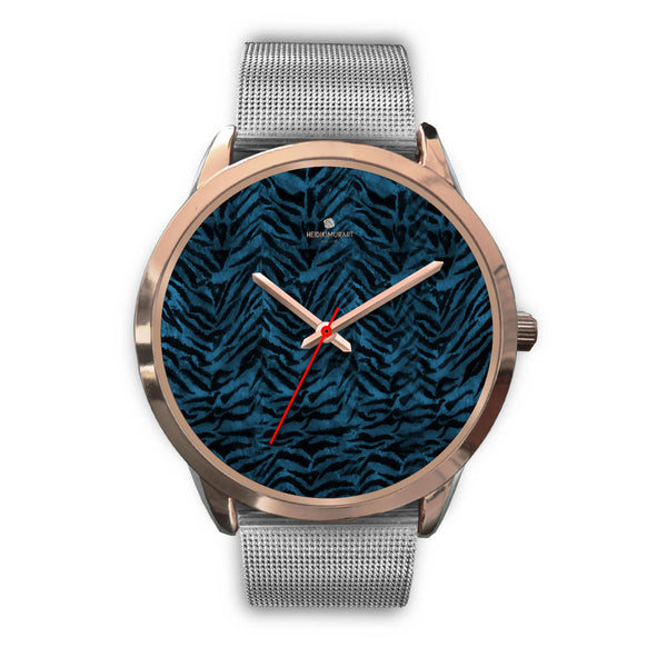 Blue Tiger Watch, Black & Blue Tiger Striped Animal Print Custom Designer Unisex Watch-Rose Gold Watch-Mens 40mm-Silver Metal Mesh-Heidi Kimura Art LLC