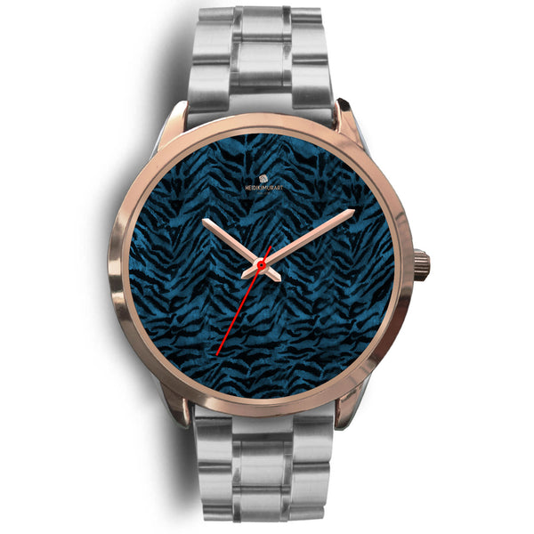 Blue Tiger Watch, Black & Blue Tiger Striped Animal Print Custom Designer Unisex Watch-Rose Gold Watch-Mens 40mm-Silver Metal Link-Heidi Kimura Art LLC