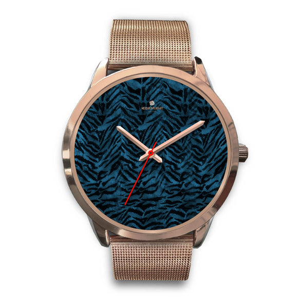 Blue Tiger Watch, Black & Blue Tiger Striped Animal Print Custom Designer Unisex Watch-Rose Gold Watch-Mens 40mm-Rose Gold Metal Mesh-Heidi Kimura Art LLC