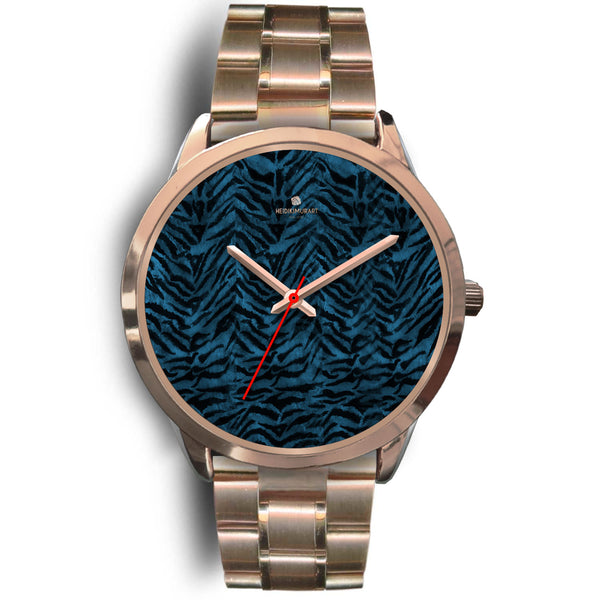 Blue Tiger Watch, Black & Blue Tiger Striped Animal Print Custom Designer Unisex Watch-Rose Gold Watch-Mens 40mm-Rose Gold Metal Link-Heidi Kimura Art LLC