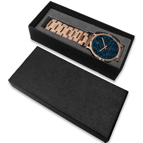 Blue Tiger Watch, Black & Blue Tiger Striped Animal Print Custom Designer Unisex Watch-Rose Gold Watch-Heidi Kimura Art LLC