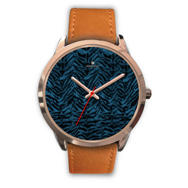 Blue Tiger Watch, Black & Blue Tiger Striped Animal Print Custom Designer Unisex Watch-Rose Gold Watch-Mens 40mm-Brown Leather-Heidi Kimura Art LLC