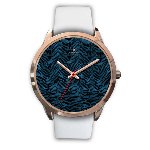 Blue Tiger Watch, Black & Blue Tiger Striped Animal Print Custom Designer Unisex Watch-Rose Gold Watch-Mens 40mm-White Leather-Heidi Kimura Art LLC