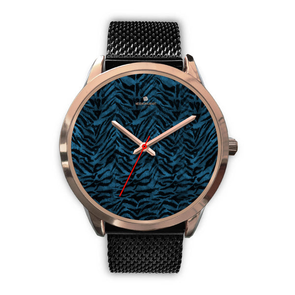 Blue Tiger Watch, Black & Blue Tiger Striped Animal Print Custom Designer Unisex Watch-Rose Gold Watch-Mens 40mm-Black Metal Mesh-Heidi Kimura Art LLC