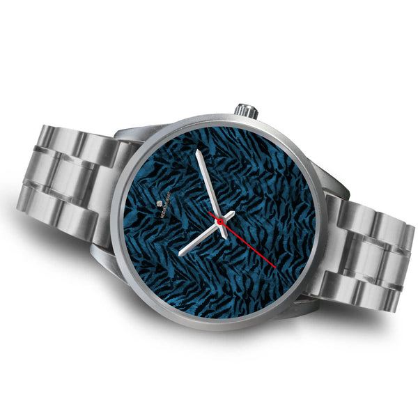 Stainless Steel or Leather Custom Blue Tiger Striped Animal Print Designer Watch-Silver Watch-Heidi Kimura Art LLC