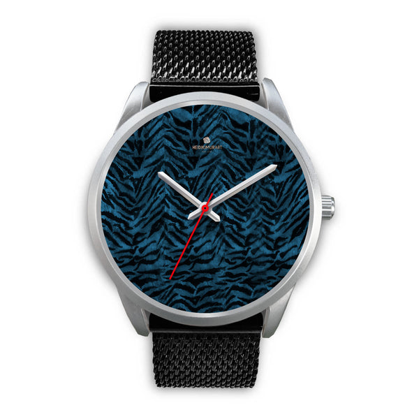 Stainless Steel or Leather Custom Blue Tiger Striped Animal Print Designer Watch-Silver Watch-Mens 40mm-Black Metal Mesh-Heidi Kimura Art LLC