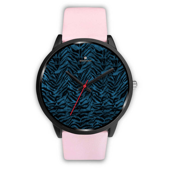 Blue Ocean Black Tiger Striped Animal Print Designer Unisex Men's/ Women's Watch-Black Watch-Mens 40mm-Pink Leather-Heidi Kimura Art LLC