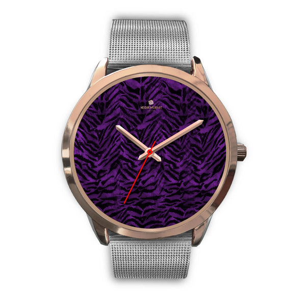 Purple Black Tiger Striped Animal Print Rose Gold Accent Unisex Premium Watch-Rose Gold Watch-Mens 40mm-Silver Metal Mesh-Heidi Kimura Art LLC