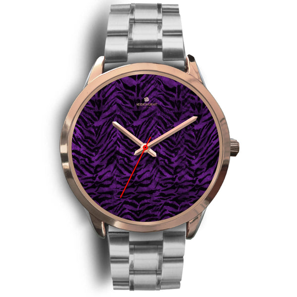 Purple Black Tiger Striped Animal Print Rose Gold Accent Unisex Premium Watch-Rose Gold Watch-Mens 40mm-Silver Metal Link-Heidi Kimura Art LLC