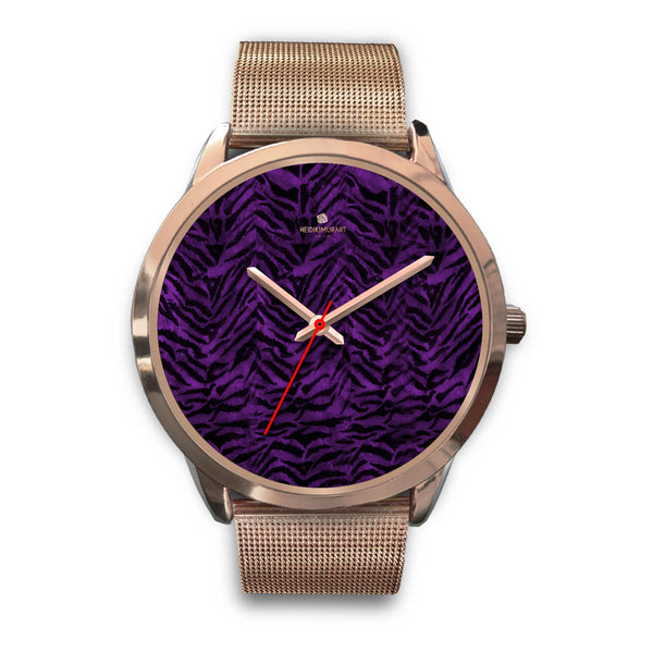 Purple Black Tiger Striped Animal Print Rose Gold Accent Unisex Premium Watch-Rose Gold Watch-Mens 40mm-Rose Gold Metal Mesh-Heidi Kimura Art LLC