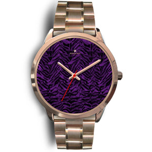 Purple Black Tiger Striped Animal Print Rose Gold Accent Unisex Premium Watch-Rose Gold Watch-Mens 40mm-Rose Gold Metal Link-Heidi Kimura Art LLC