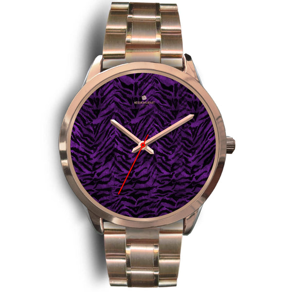 Purple Black Tiger Striped Animal Print Rose Gold Accent Unisex Premium Watch-Rose Gold Watch-Mens 40mm-Rose Gold Metal Link-Heidi Kimura Art LLC
