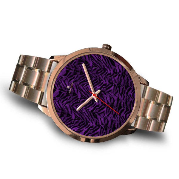 Purple Black Tiger Striped Animal Print Rose Gold Accent Unisex Premium Watch-Rose Gold Watch-Heidi Kimura Art LLC
