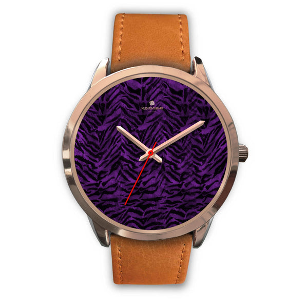 Purple Black Tiger Striped Animal Print Rose Gold Accent Unisex Premium Watch-Rose Gold Watch-Mens 40mm-Brown Leather-Heidi Kimura Art LLC