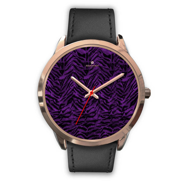 Purple Black Tiger Striped Animal Print Rose Gold Accent Unisex Premium Watch-Rose Gold Watch-Mens 40mm-Black Leather-Heidi Kimura Art LLC
