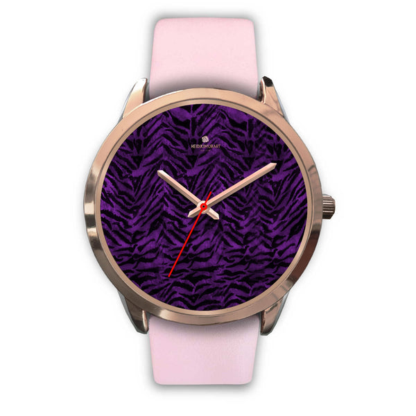 Purple Black Tiger Striped Animal Print Rose Gold Accent Unisex Premium Watch-Rose Gold Watch-Mens 40mm-Pink Leather-Heidi Kimura Art LLC