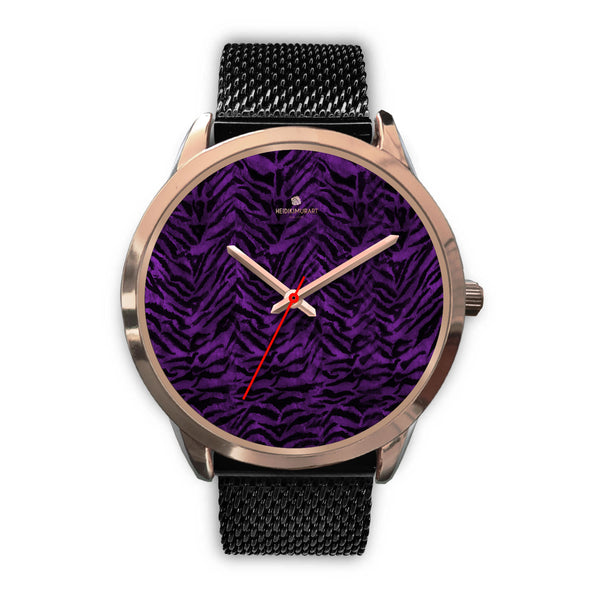 Purple Black Tiger Striped Animal Print Rose Gold Accent Unisex Premium Watch-Rose Gold Watch-Mens 40mm-Black Metal Mesh-Heidi Kimura Art LLC