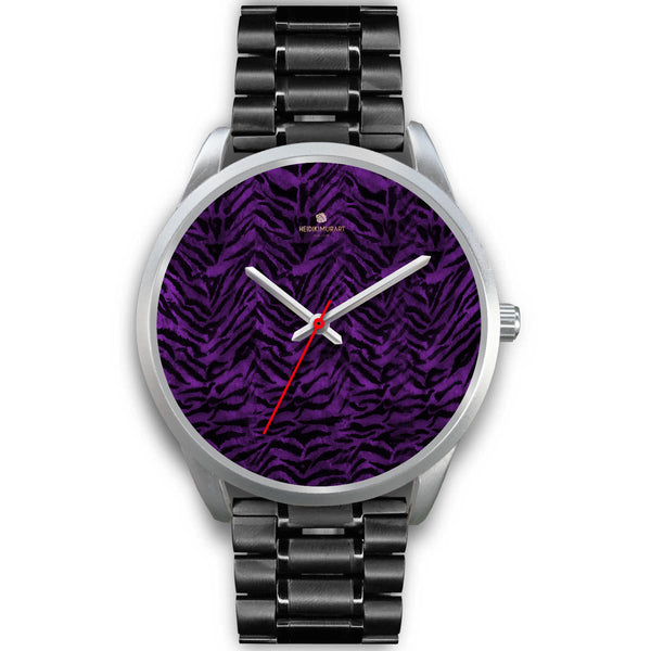 Black Purple Tiger Striped Animal Print Skin Silver Unisex Designer Bestselling Watch-Silver Watch-Mens 40mm-Black Metal Link-Heidi Kimura Art LLC